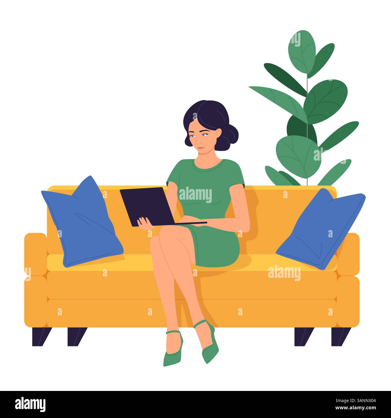Illustration vectorielle d'une femme travaillant sur un ordinateur portable assise sur un canapé, symbolisant le travail à distance, la productivité numérique et le style de vie moderne. Illustration de Vecteur