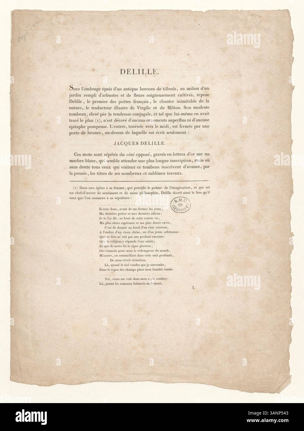Imprimé décrivant la tombe de Jacques Delille, poète et académicien français. Ce document, qui fait partie de la collection Boyer, commémore son héritage et ses contributions à la littérature française. Banque D'Images