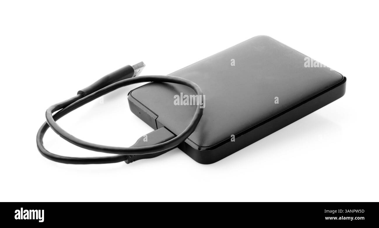 Disque dur externe avec câble USB isolé sur blanc Banque D'Images