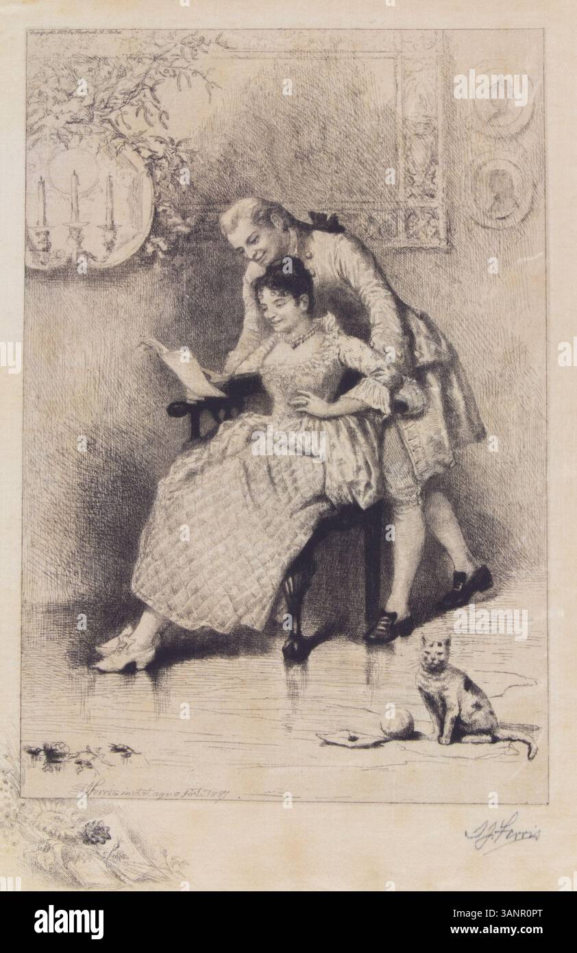 Le tirage de 1887 de Stephen James Ferris « A Good Story » capture le moment intime de la narration, en mettant l'accent sur la connexion humaine et l'émotion. Le tirage met en lumière les expressions et les gestes du sujet, illustrant un récit d'engagement et d'expérience partagée dans un cadre du XIXe siècle. Banque D'Images