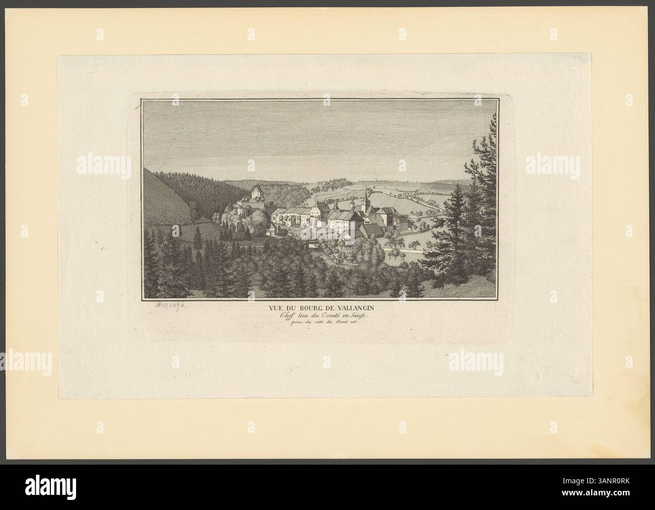 Gravure d'Abraham Louis Girardet, représentant 'vue du Bourg de Vallangin', le village de Vallangin en Suisse. L'empreinte montre la ville du côté nord-est. Banque D'Images