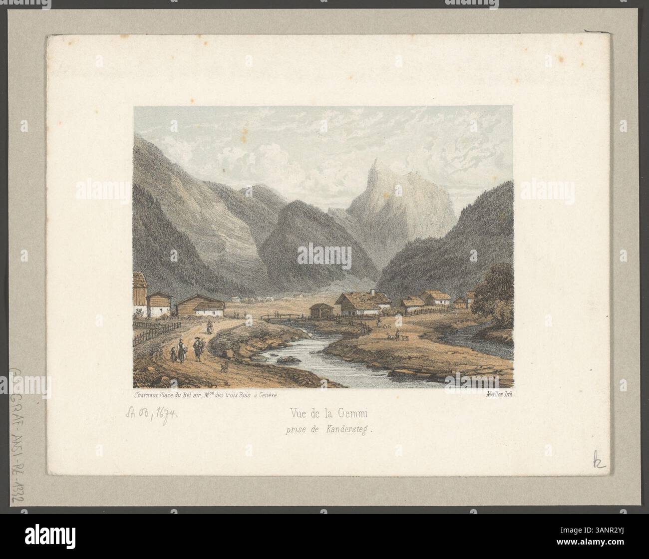 Lithographie de Theodore Muller représentant une vue du col de Gemmi depuis Kandersteg, Suisse. L'imprimé met en valeur le paysage alpin saisissant. Banque D'Images Lithographie de Theodore Muller représentant une vue du col de Gemmi depuis Kandersteg, Suisse. L'imprimé met en valeur le paysage alpin saisissant. Banque D'Images