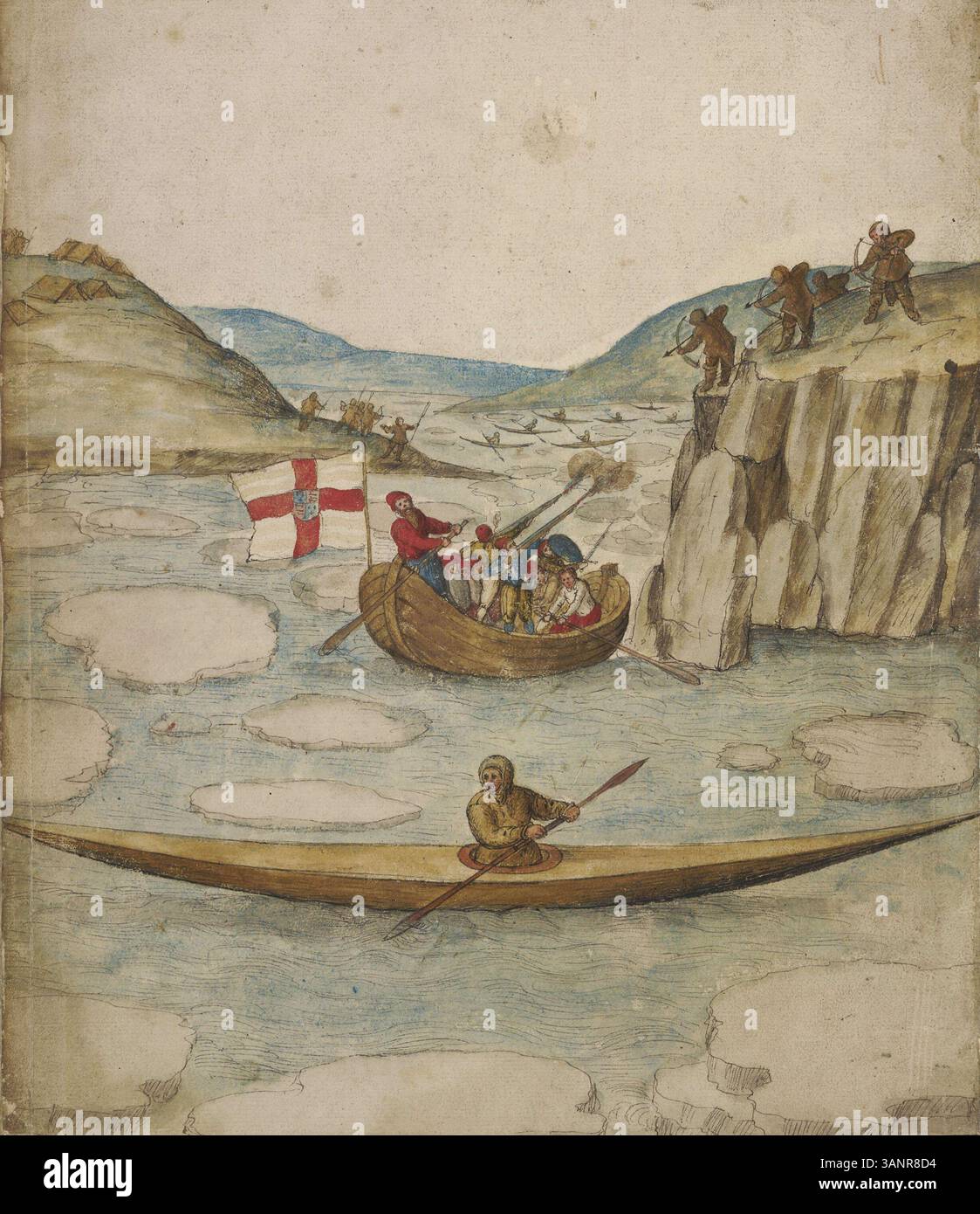 Une version recadrée de l'illustration de John White de 1585 montrant l'escarmouche à Bloody point, Frobisher Bay, où les Anglais s'engagent avec les Inuits pendant l'expédition arctique de Martin Frobisher. L'œuvre détaille le conflit entre les deux groupes, mettant en évidence le bateau anglais et les kayaks inuits. Banque D'Images