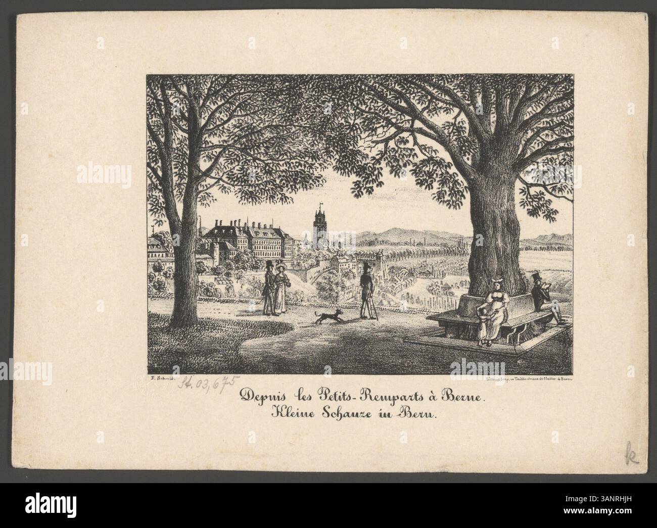 Lithographie de Franz Schmid, réalisée au XIXe siècle, représentant une vue de la Kleine Schanze à Berne, en Suisse. Imprimé par Haller à Berne, il montre la scène du petit remparts, un lieu historique de la ville. La lithographie a été réalisée sur papier, marqué par l'artiste et l'imprimeur. Banque D'Images