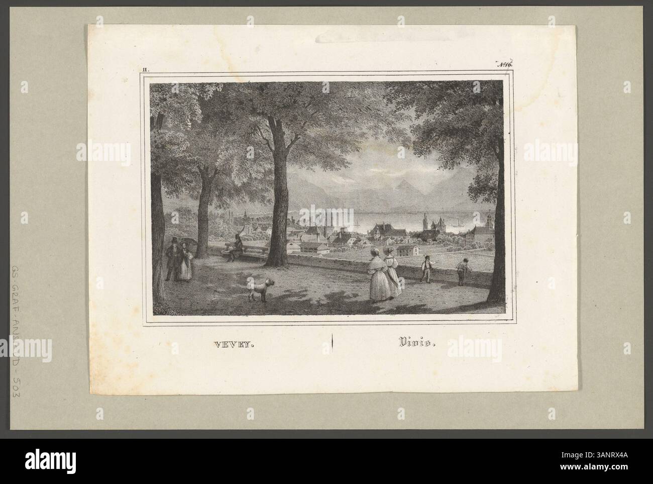 Cette lithographie de 1838 de Charles Rodolphe Weibel-Comtesse montre une vue de Vevey, Suisse, avec une représentation topographique détaillée. Le tirage fait partie de 'album de la Suisse pittoresque', une série de vues pittoresques de la Suisse. Banque D'Images