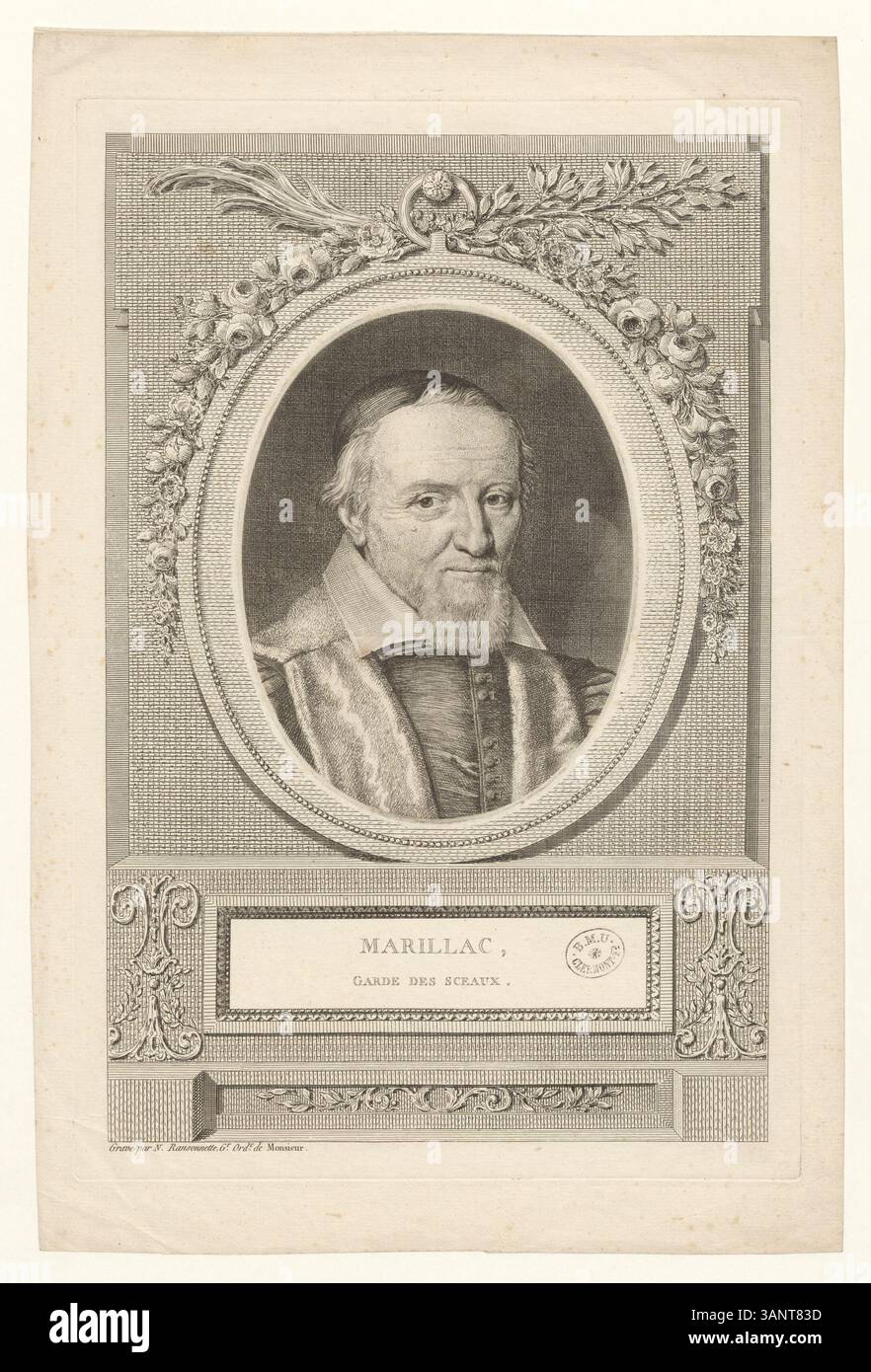 Gravure en creux de la collection Boyer représentant Marillac, le gardien des sceaux, créée par Pierre Nicolas Ransonnette au XVIIIe siècle. Banque D'Images
