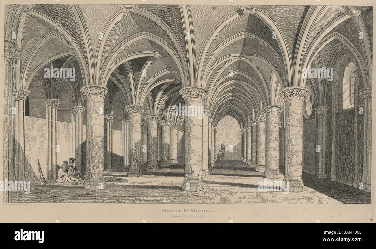 L’impression de John Sell Cotman de 1821 du Mont constitué Michel met en valeur l’intérieur grandiose de la salle des Chevaliers. Les caractéristiques architecturales, telles que les arches imposantes et les détails complexes, sont méticuleusement rendus, soulignant l'importance historique de la structure médiévale. Banque D'Images