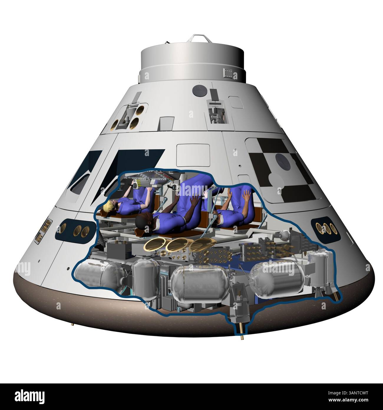 14 juin 2011 - Dryden, Californie, États-Unis - cette vue d'Orion telle qu'elle l'observerait avec ses occupants pendant une mission, avec le bouclier thermique à la base de la capsule. Les boulons en titane qui relient la capsule au module de service sont visibles dans la découpe. La NASA a trouvé le vaisseau spatial idéal pour emmener les astronautes loin de la Terre - celui sur lequel ils travaillent depuis plusieurs années et sur lequel ils ont dépensé 5 milliards de dollars. Il a été annoncé que le véhicule d'équipage polyvalent (ou MPCV) sera son véhicule d'exploration spatiale incontournable pour les missions au-delà de l'orbite terrestre basse. Les destinations possibles incluent à proximité un Banque D'Images