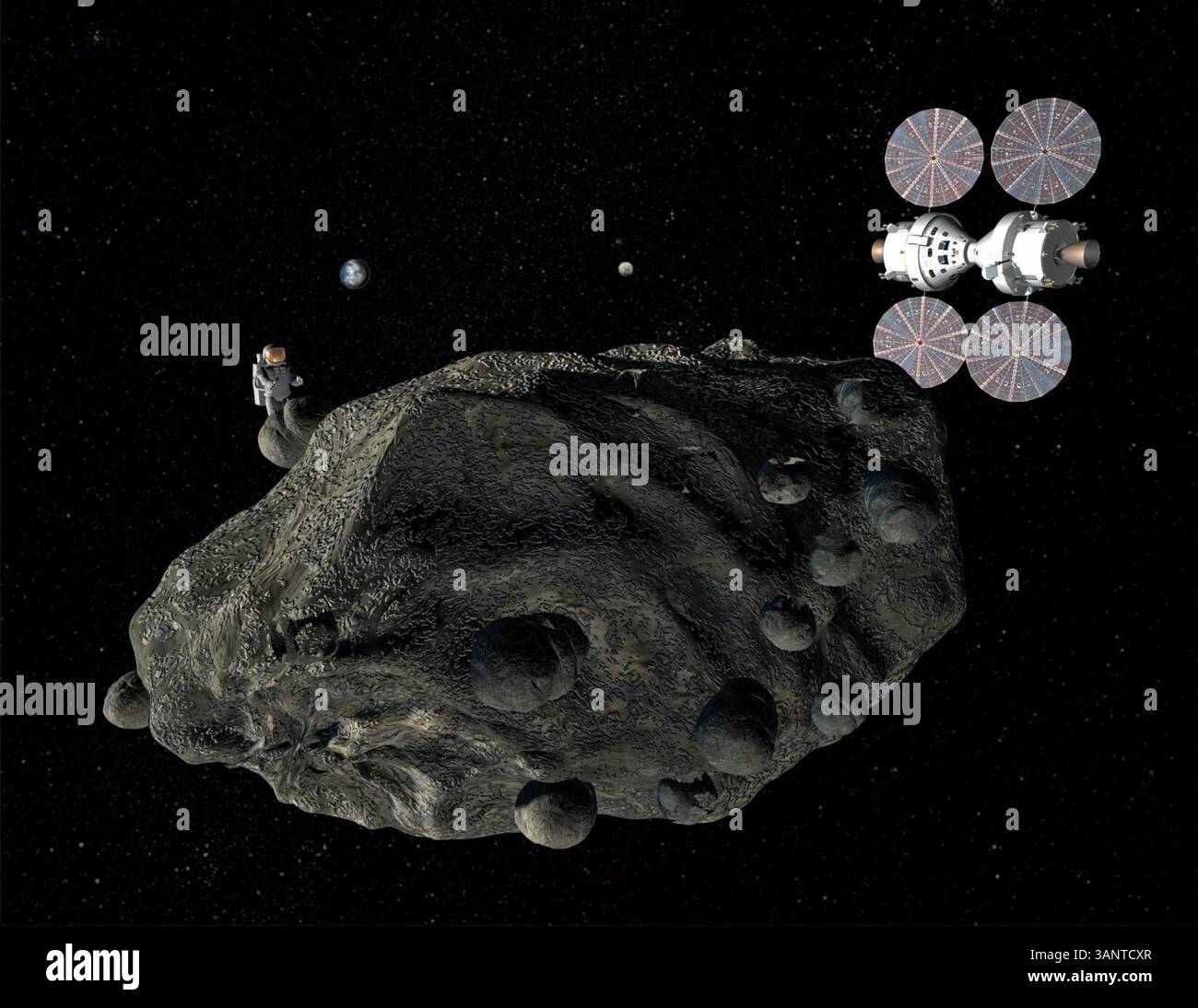 14 juin 2011 - Dryden, Californie, États-Unis - impression des artistes du véhicule polyvalent de l'équipage visitant un astéroïde. La NASA a trouvé le vaisseau spatial idéal pour emmener les astronautes loin de la Terre - celui sur lequel ils travaillent depuis plusieurs années et sur lequel ils ont dépensé 5 milliards de dollars. Il a été annoncé que le véhicule d'équipage polyvalent (ou MPCV) sera son véhicule d'exploration spatiale incontournable pour les missions au-delà de l'orbite terrestre basse. Les destinations possibles incluent les astéroïdes à proximité et éventuellement mars. Si ça vous semble un peu familier, c'est parce que le MPCV sera basé sur le vaisseau spatial Orion qui était deve Banque D'Images