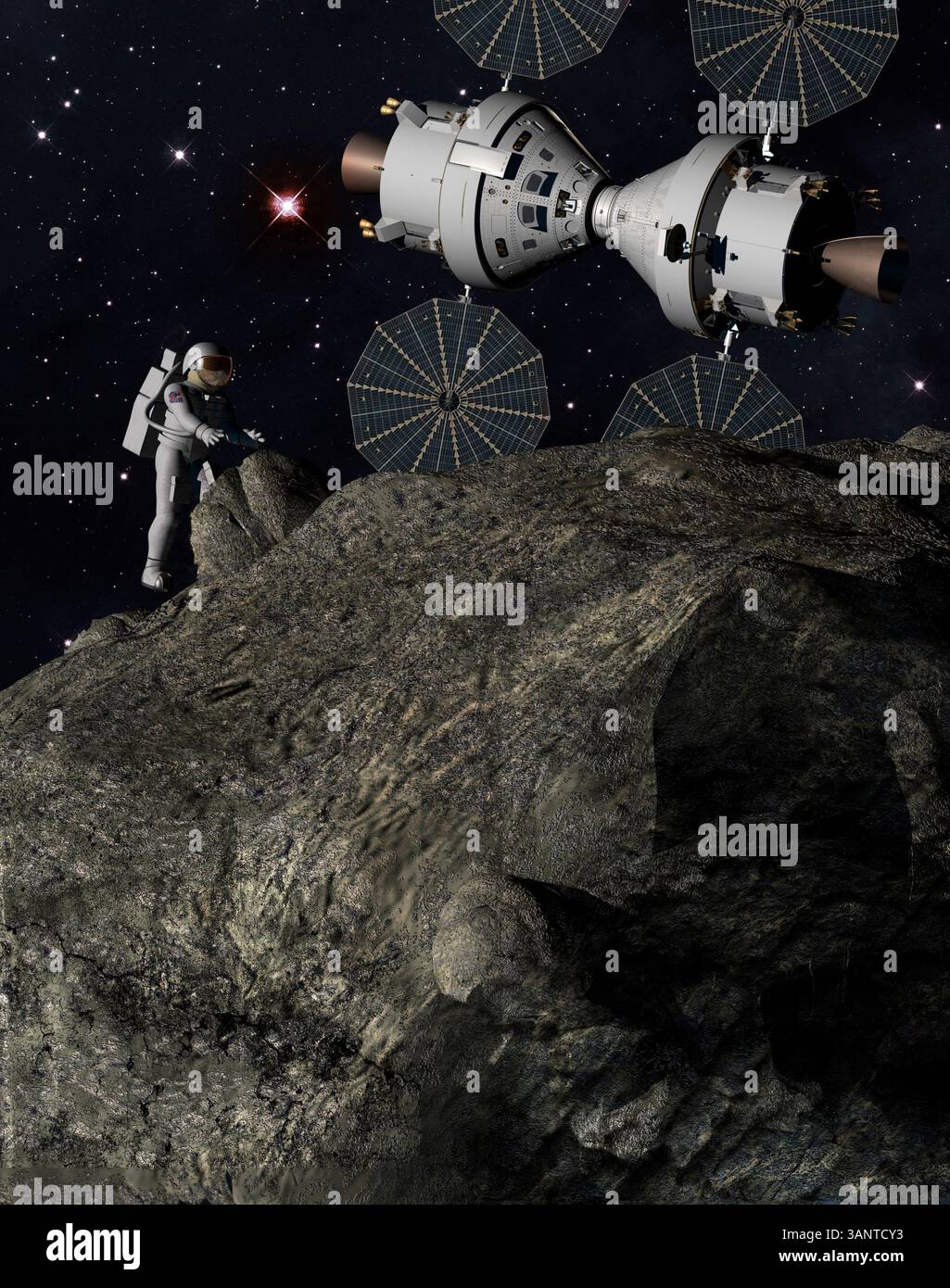 14 juin 2011 - Dryden, Californie, États-Unis - impression des artistes du véhicule polyvalent de l'équipage visitant un astéroïde. La NASA a trouvé le vaisseau spatial idéal pour emmener les astronautes loin de la Terre - celui sur lequel ils travaillent depuis plusieurs années et sur lequel ils ont dépensé 5 milliards de dollars. Il a été annoncé que le véhicule d'équipage polyvalent (ou MPCV) sera son véhicule d'exploration spatiale incontournable pour les missions au-delà de l'orbite terrestre basse. Les destinations possibles incluent les astéroïdes à proximité et éventuellement mars. Si ça vous semble un peu familier, c'est parce que le MPCV sera basé sur le vaisseau spatial Orion qui était deve Banque D'Images