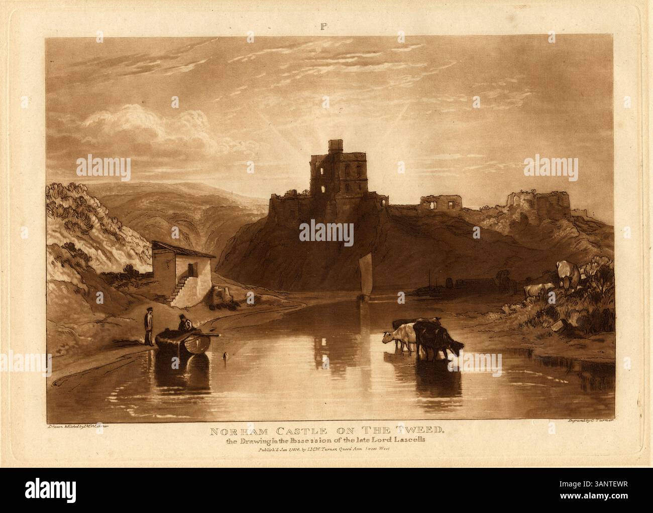 Le tirage de 1816 de J. M. W. Turner, « Norham Castle on the Tweed », capture la beauté dramatique du château situé au bord de la rivière Tweed en Écosse. Connu pour son style atmosphérique, Turner transmet l'interaction de la lumière, de l'eau et du paysage dans cette représentation saisissante. Banque D'Images Le tirage de 1816 de J. M. W. Turner, « Norham Castle on the Tweed », capture la beauté dramatique du château situé au bord de la rivière Tweed en Écosse. Connu pour son style atmosphérique, Turner transmet l'interaction de la lumière, de l'eau et du paysage dans cette représentation saisissante. Banque D'Images