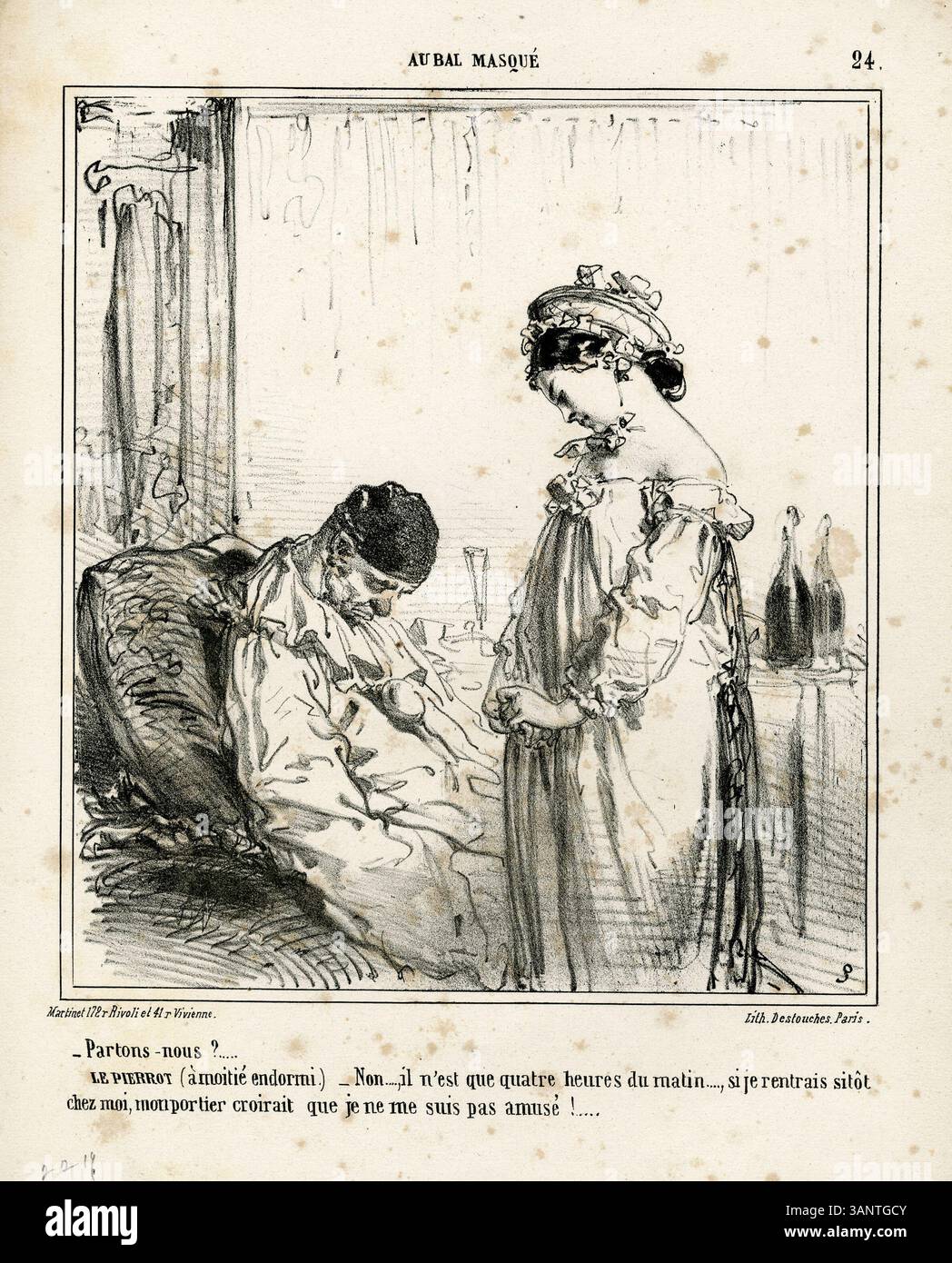 *Partons-nous LE PIERROT (à moitié endormi)* (1861) d’Édouard de Beaumont représente un personnage somnolent de Pierrot lors d’un bal masqué. Cette impression capture avec humour le contraste entre les festivités animées et la lassitude du personnage. Banque D'Images