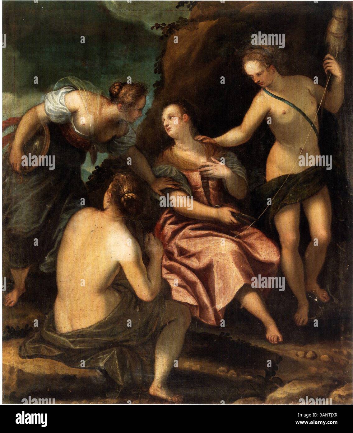 Cette peinture d'Alessandro Maganza représente Thetis tentant d'empêcher la mort de son fils Achille. La composition illustre un moment de la mythologie grecque, en se concentrant sur l'intervention émotionnelle de Thetis pour protéger Achille pendant son voyage fatal. Les couleurs vives et la représentation dramatique reflètent l'intensité de la scène mythologique. Banque D'Images