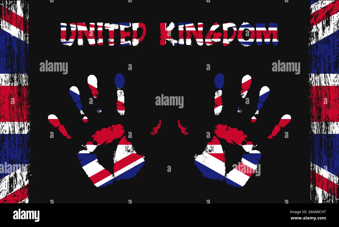 Drapeau vectoriel du Royaume-Uni sous la forme de paumes pacifiques avec du texte et des coups de pinceau sur un fond noir Illustration de Vecteur
