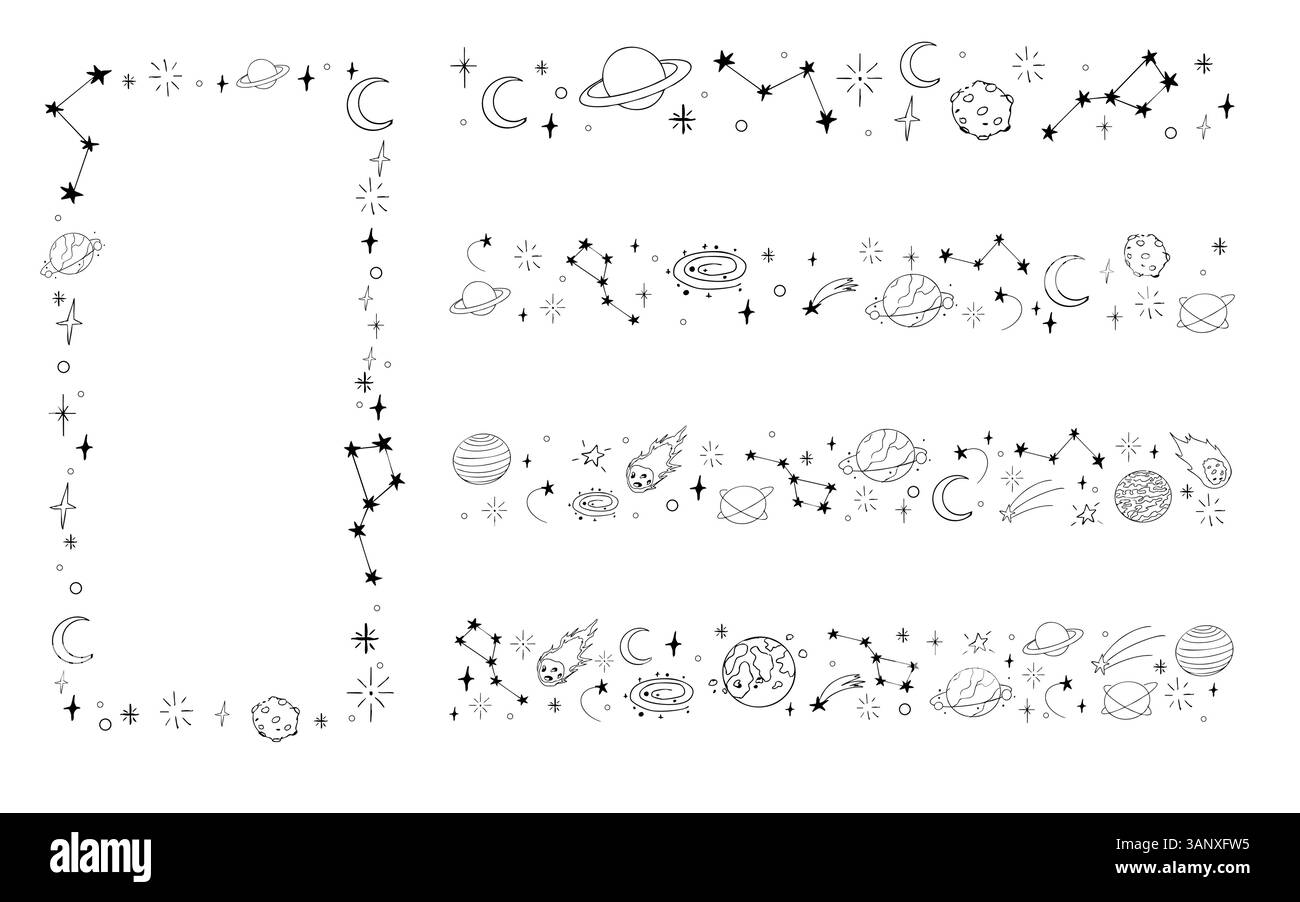 Bordure céleste de doodle, diviseur de clignotement d'étoile tombante. Ornement dessiné à la main avec étoiles, planètes, météorite et lune. Décoration simple et magique Space. Illustration vectorielle Illustration de Vecteur