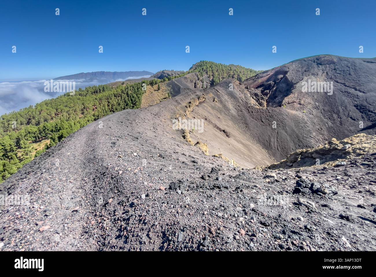 Cratère Trekking dans un paysage volcanique le long des volcans Ruta de los, beau chemin de randonnée sur les volcans sur l'île de la Palma, îles Canaries, Espagne. Banque D'Images