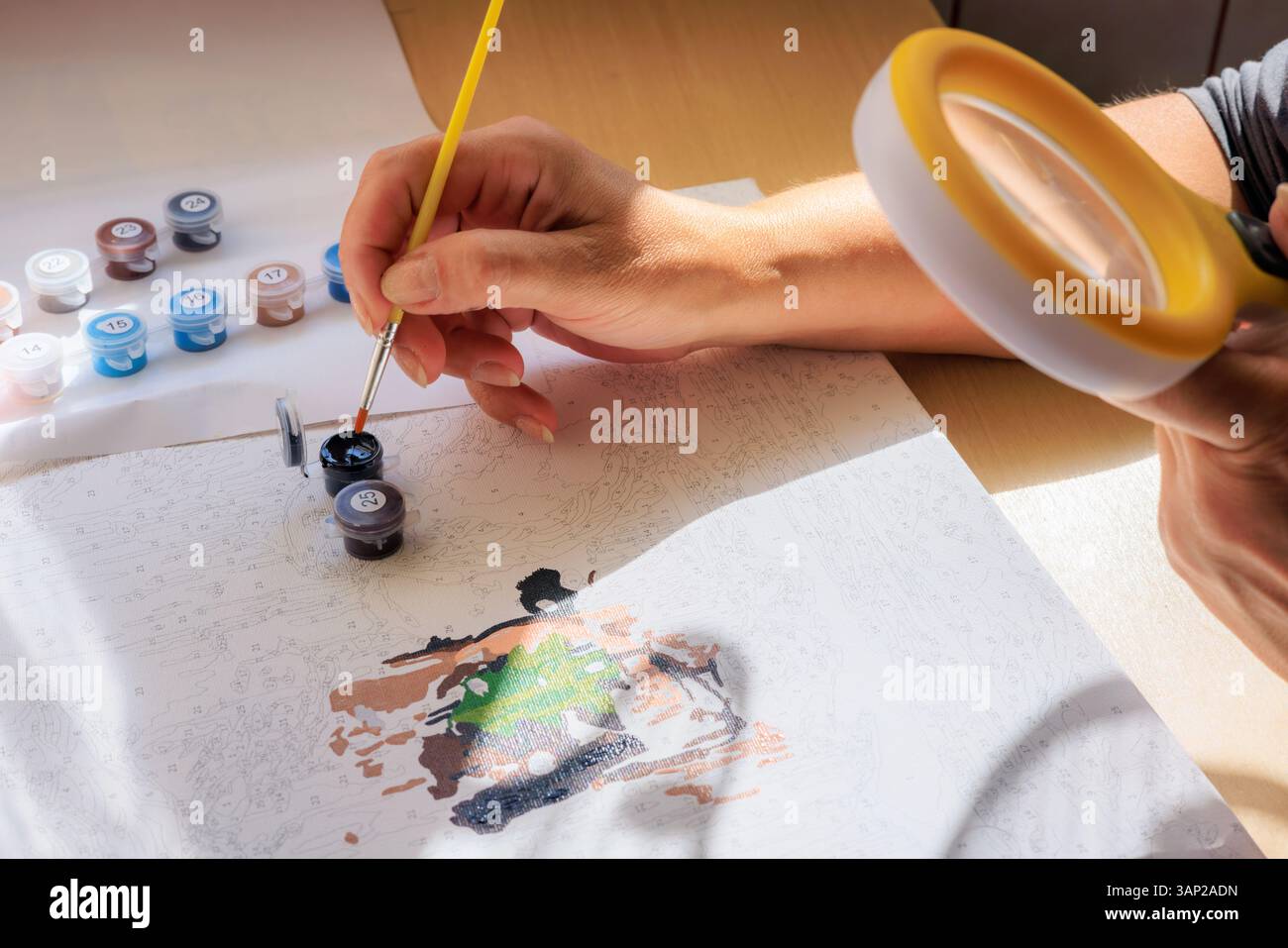 Peinture par chiffres. Pinceaux et peintures sur toile gros plan, femme peinture regardant la toile à travers une loupe. Photo de haute qualité Banque D'Images