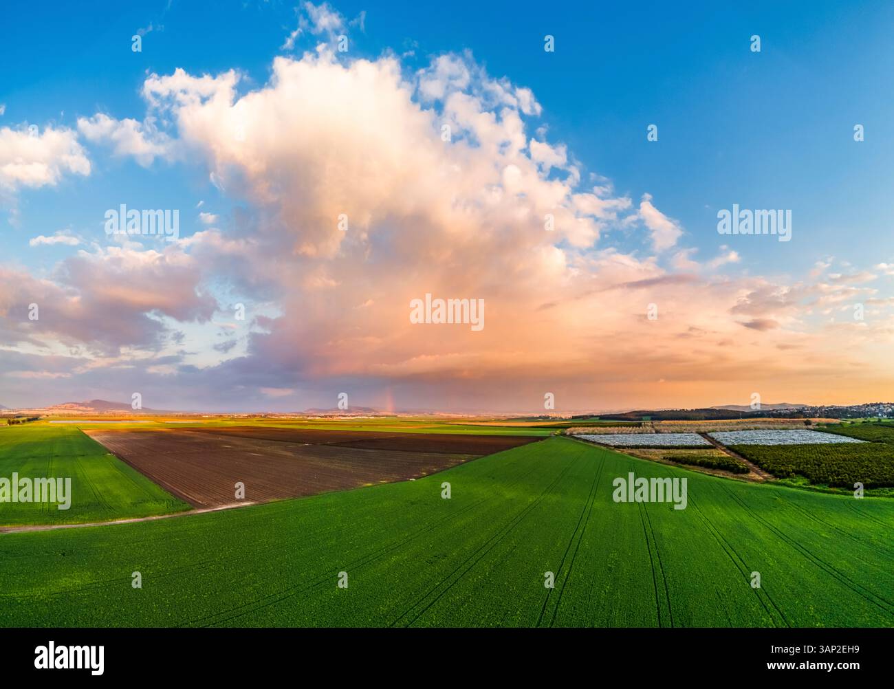 Vue aérienne d'un arc-en-ciel dans un champ avec des nuages de pluie, vallée de Jezreel, district nord, Israël. Banque D'Images