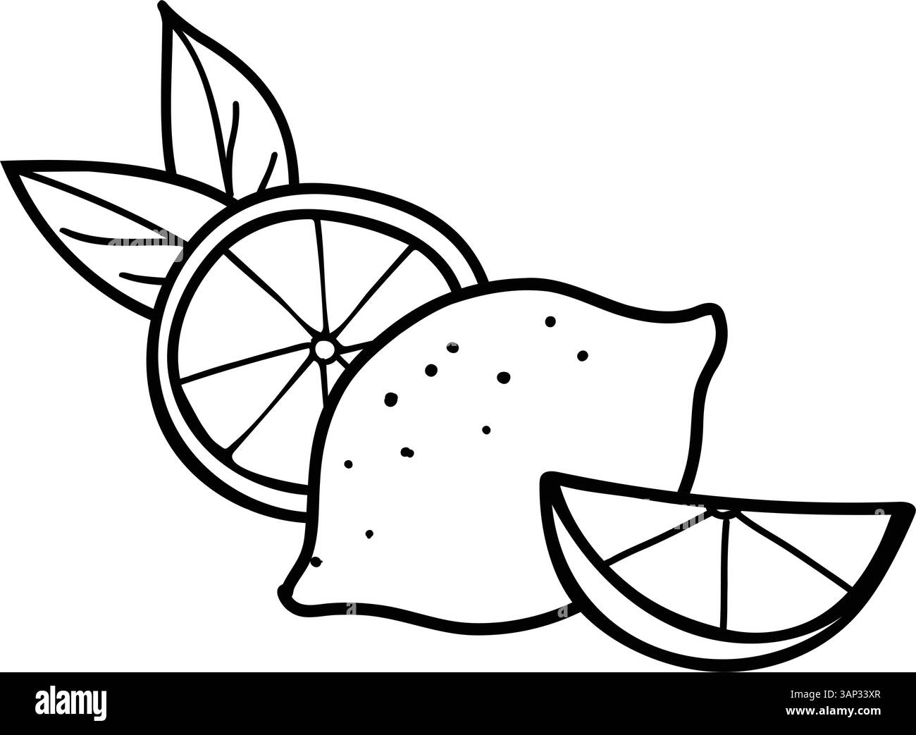 Composition des fruits entiers et des tranches de citron. Dessin à la main vecteur Doodle illustration d'agrumes. Dessin au trait noir et blanc isolé sur un fond blanc Illustration de Vecteur