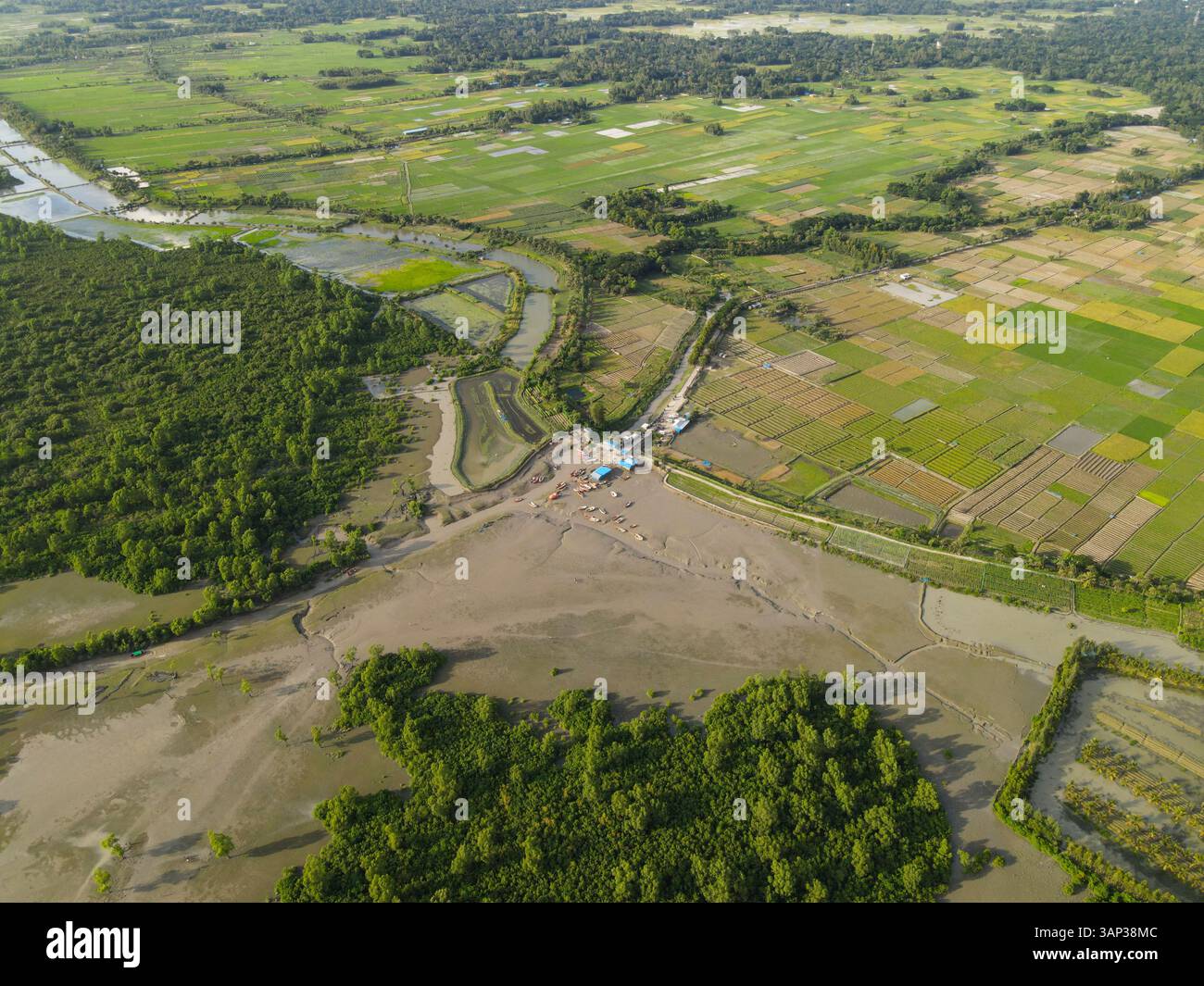 Vue aérienne de mangrove sereine et intacte et paysage aquatique avec verdure et champs, Guliyakhali, Sea Beach, Chittagong, Bangladesh. Banque D'Images