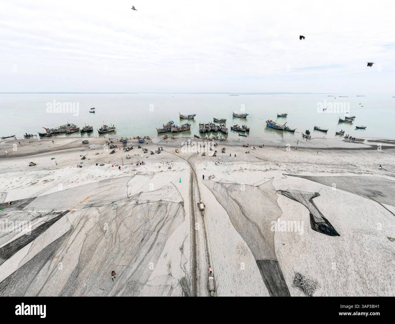 Vue aérienne de bateaux de pêche à Fishery Ghat le long de la côte sablonneuse du golfe du Bengale, Cox Bazar, Bangladesh. Banque D'Images