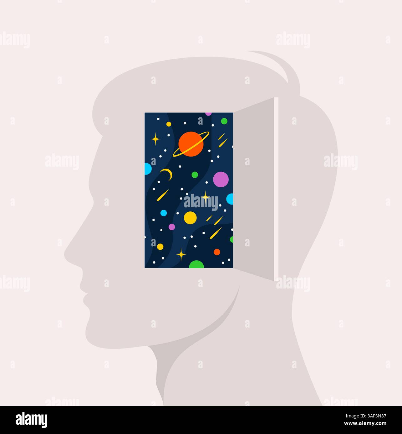 Univers avec planètes et étoiles derrière porte ouverte en tête de silhouette humaine. Illustration vectorielle dans un style plat Illustration de Vecteur