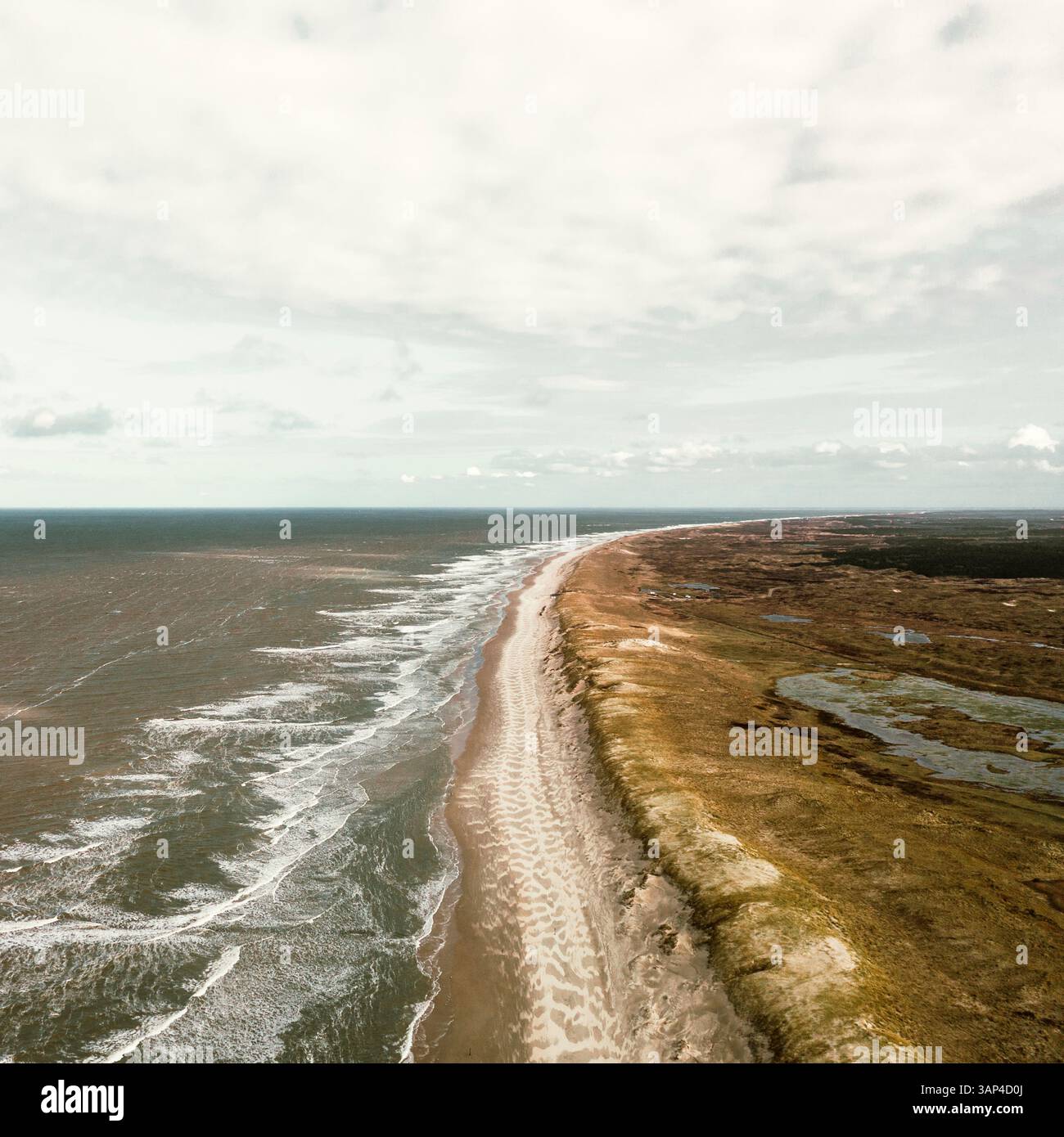 Vue aérienne de la côte avec des vagues pendant une journée nuageuse face à la mer du Nord dans la région de Hollande du Nord, pays-Bas. Banque D'Images