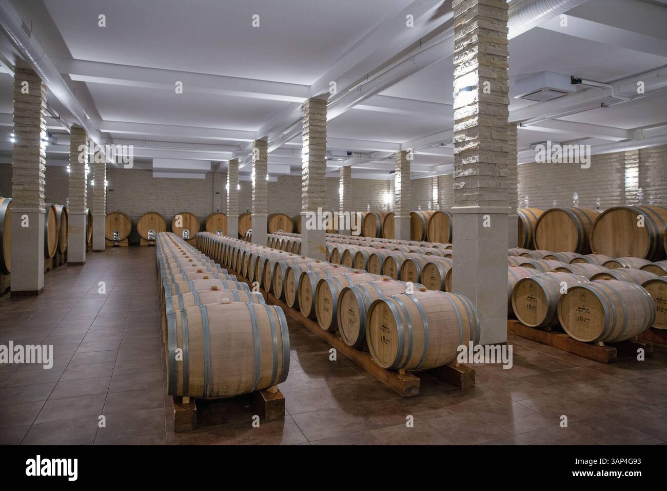 Purcari, Moldavie - 03 janvier 2025 : fûts de chêne à vin en gros plan dans la cave du producteur de vin. Purcari Winery a pénétré plus de 30 marchés en Europe, No Banque D'Images
