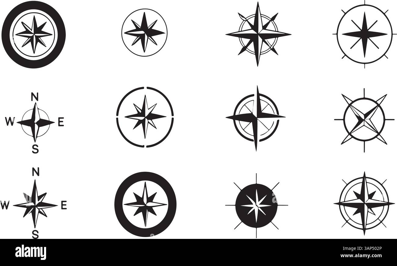Direction de la boussole définie en noir et blanc Illustration de Vecteur