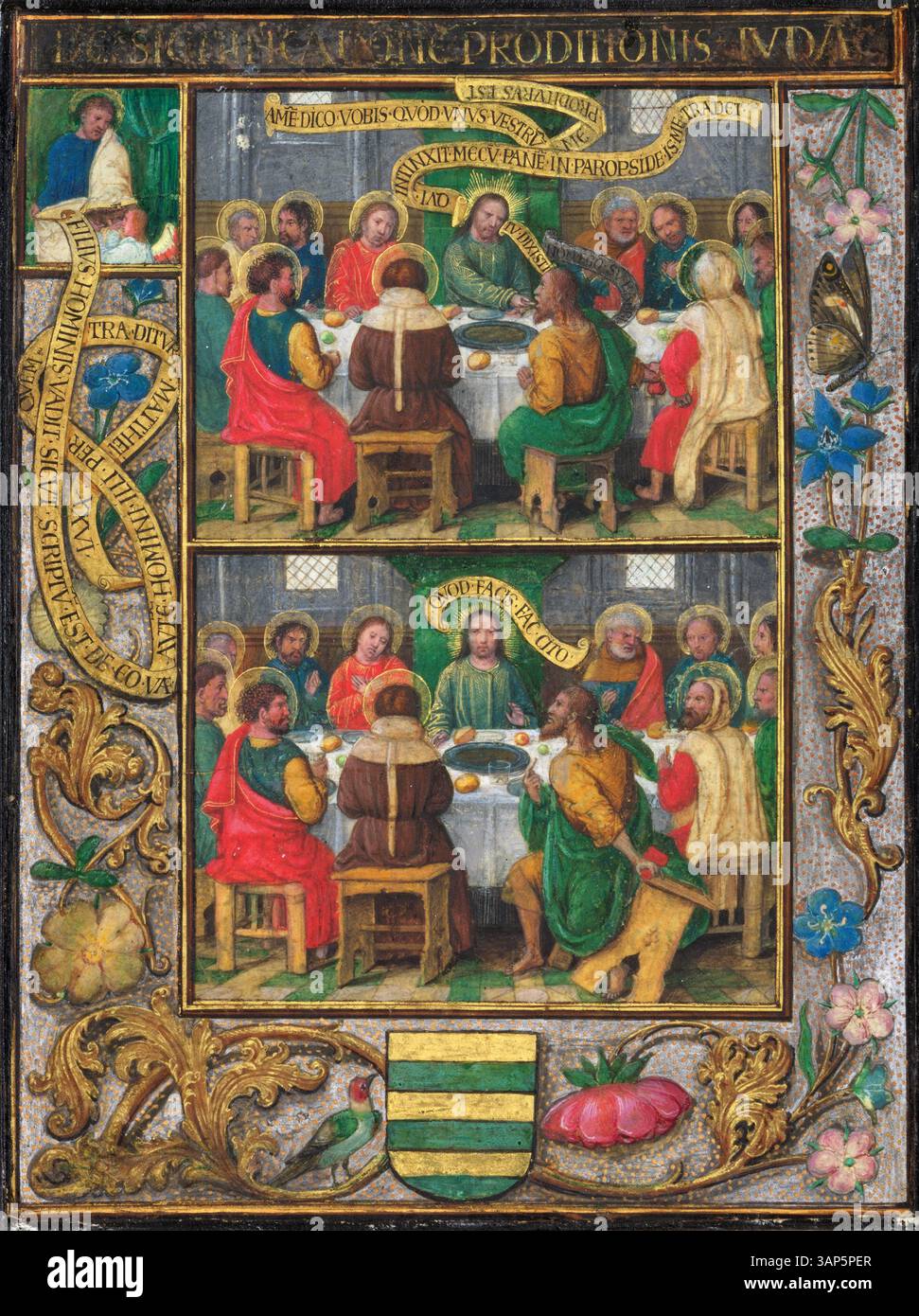Peinture de feuille unique avec des scènes de la dernière souper 1525 par l'artiste flamand Simon Benning Tempera et de l'or liquide et de l'argent sur velum, peinture religieuse médiévale du XVIe siècle Banque D'Images