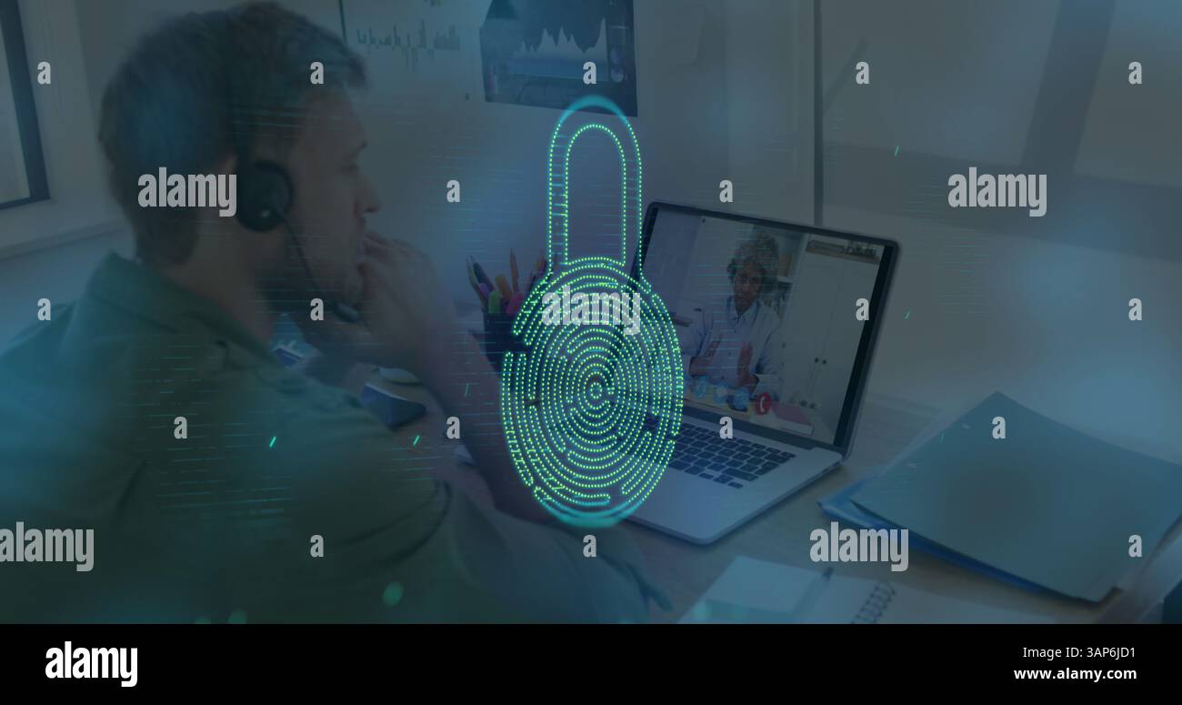 Image d'empreinte biométrique au-dessus d'un homme caucasien utilisant un casque de téléphone et un ordinateur portable Banque D'Images