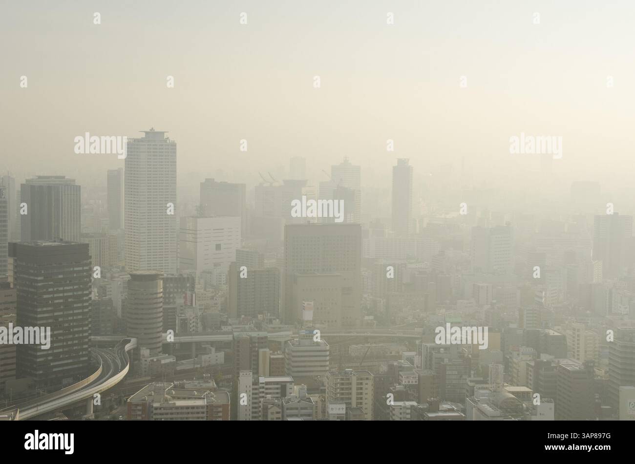 Skyline de la ville d'Osaka un jour brumeux, smog, Osaka, Japon, Asie Banque D'Images