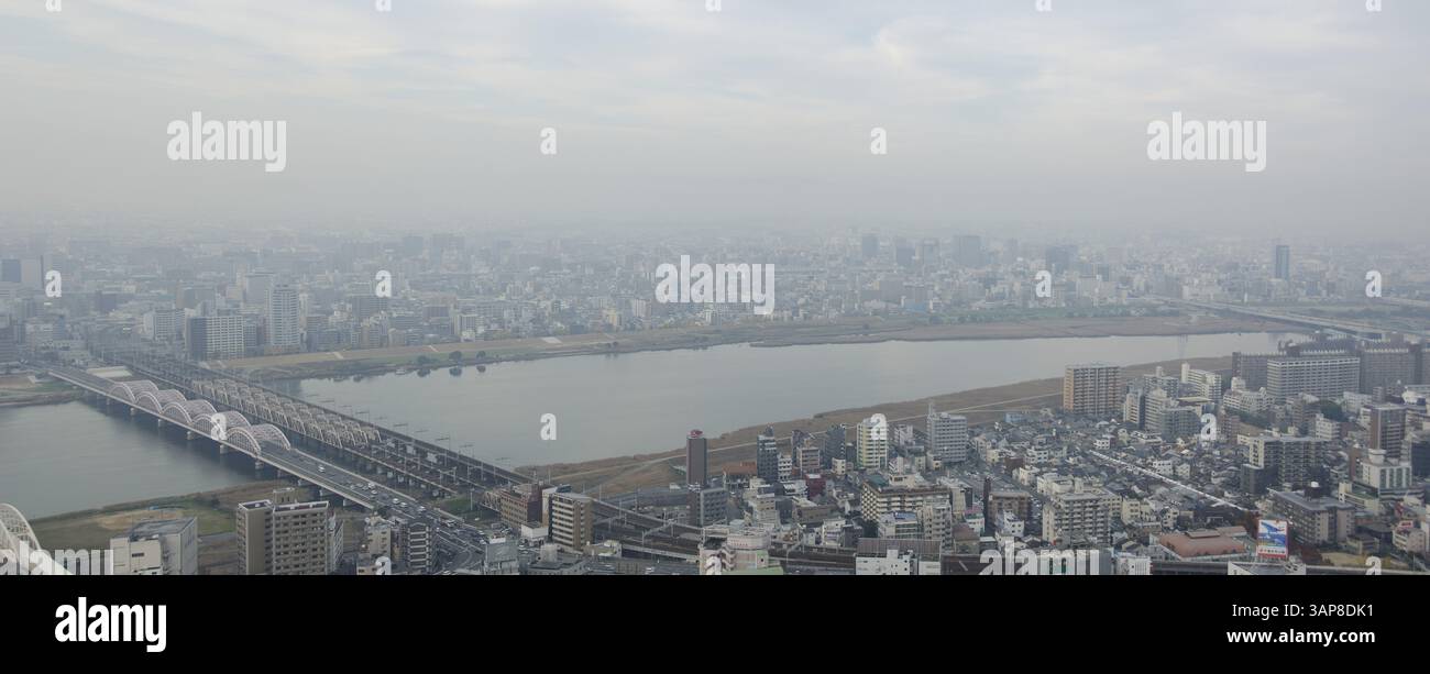 Skyline de la ville d'Osaka un jour brumeux, smog, Osaka, Japon, Asie Banque D'Images