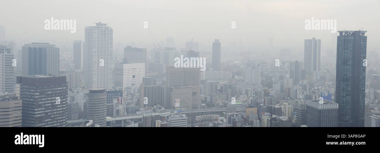 Skyline de la ville d'Osaka un jour brumeux, smog, Osaka, Japon, Asie Banque D'Images