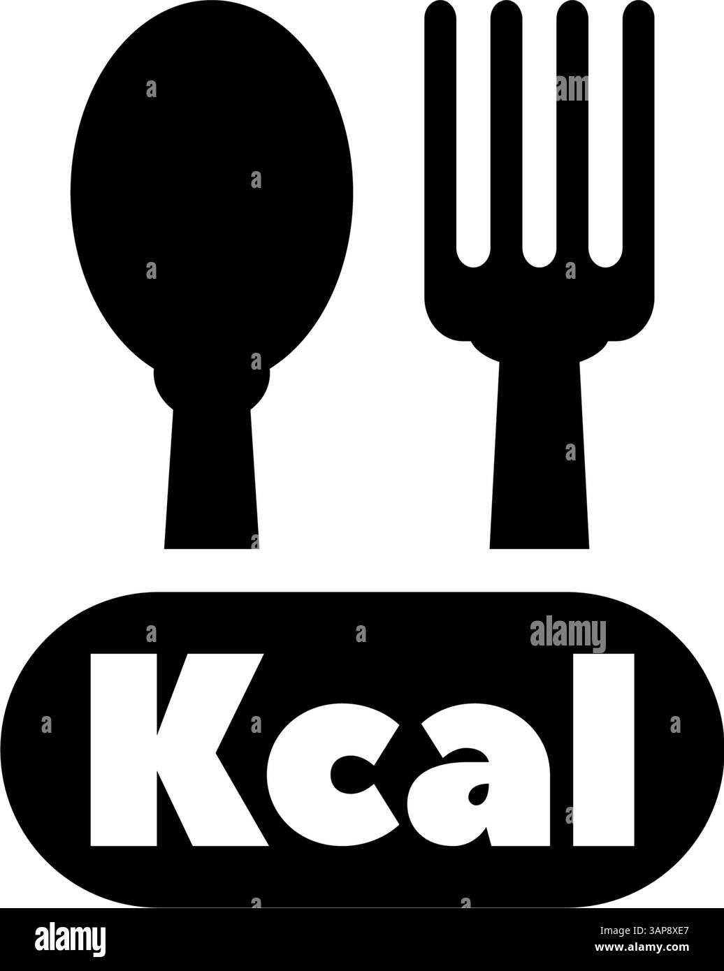 Icône vectorielle simple en noir et blanc représentant le comptage des calories avec des ustensiles et du texte Kcal Illustration de Vecteur