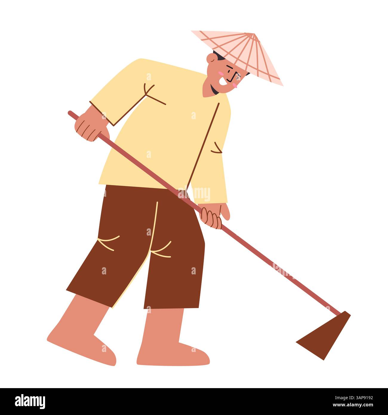 Paysan à l'aide de houes agriculteur de houe préparer la terre de culture portant chapeau travaillant à plat illustration dessin animé agriculture Illustration de Vecteur