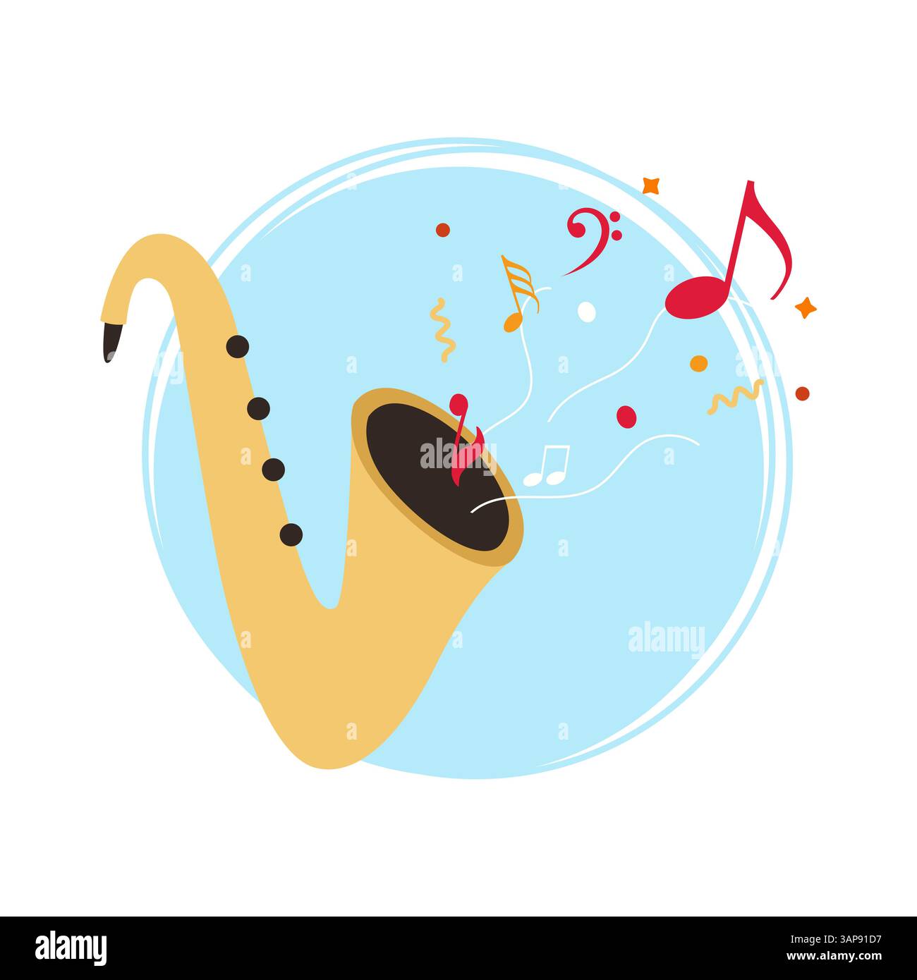 Minimal Yellow Saxophone Emitting Red Orange White Notes musicales pour le jazz amusant et les thèmes de fête Illustration de Vecteur