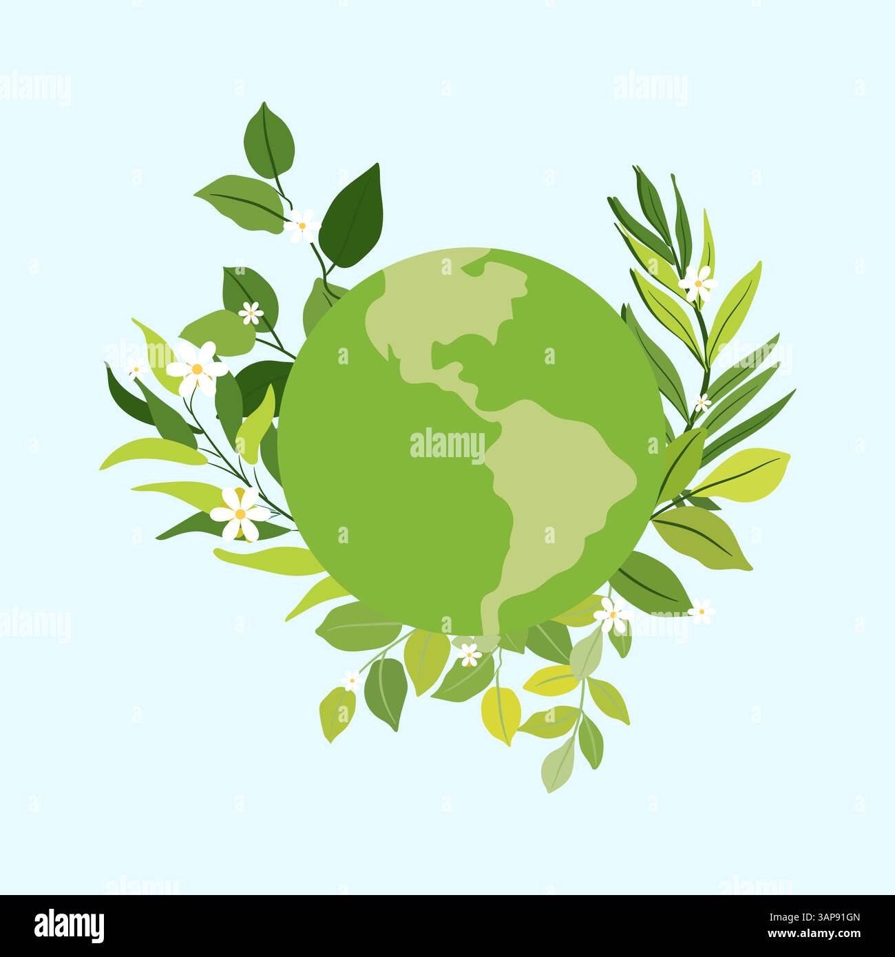 Terre verte entourée de feuilles fraîches et de fleurs blanches pour le jour de la Terre Illustration de Vecteur