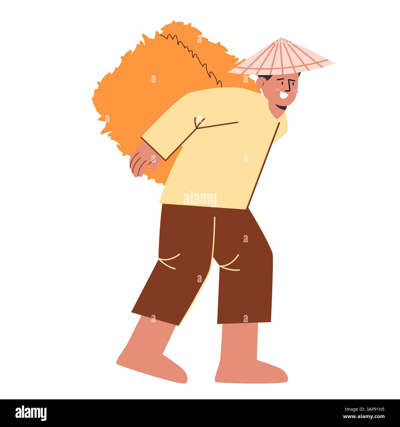 Agriculteur apporter pile de paille de foin riz paddy agriculture paysan de récolte avec chapeau travaillant plat dessin animé Illustration de Vecteur