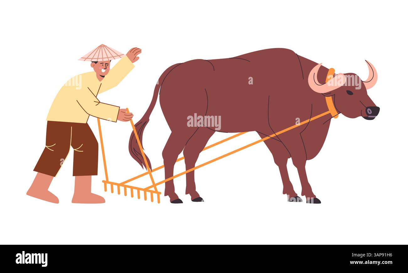 Agriculteur cultivant la terre de manière traditionnelle en utilisant l'illustration plate d'animaux de bœuf buffle dessin animé des activités agricoles agricoles Illustration de Vecteur