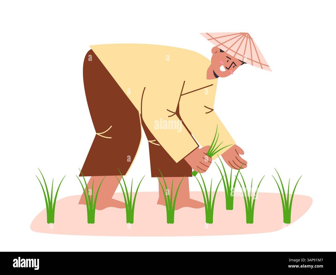 Plantation de plantes de riz paddy agriculteur traditionnel agriculture portant chapeau travaillant à plat illustration de dessin animé activités agricoles dans le champ Illustration de Vecteur