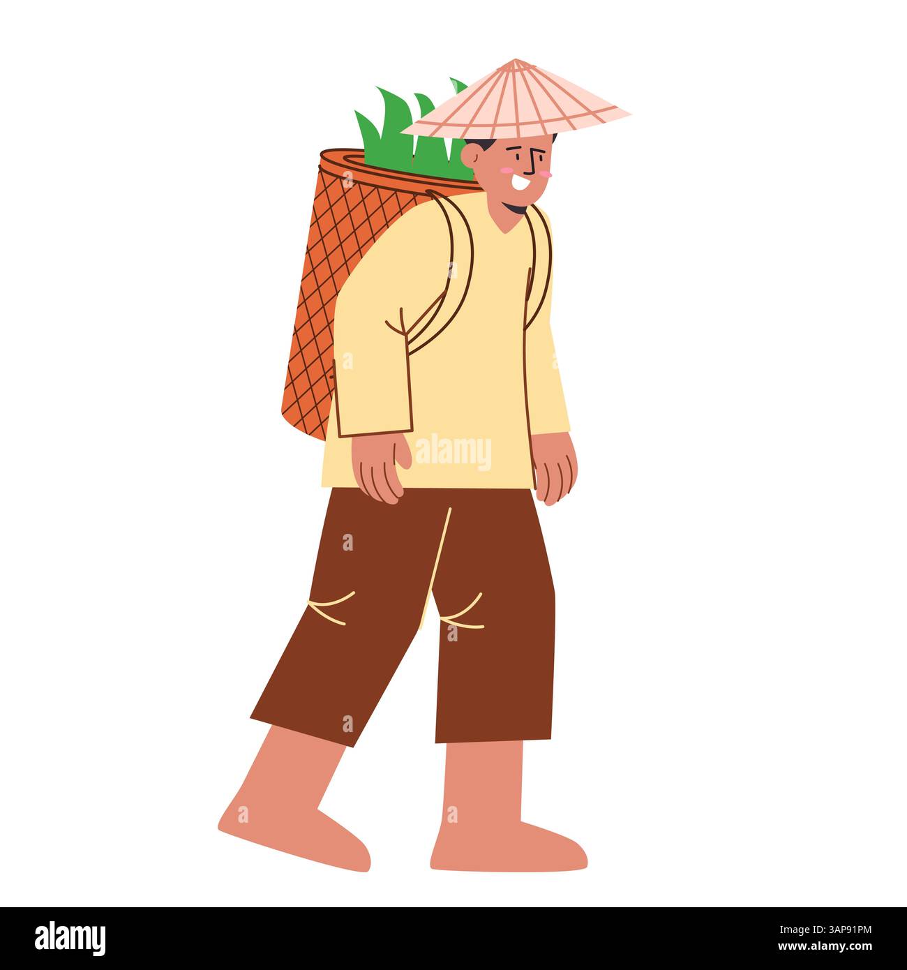 Fermier marchant apporter panier tissé portant chapeau de travail plat illustration dessin animé activités agricoles Illustration de Vecteur