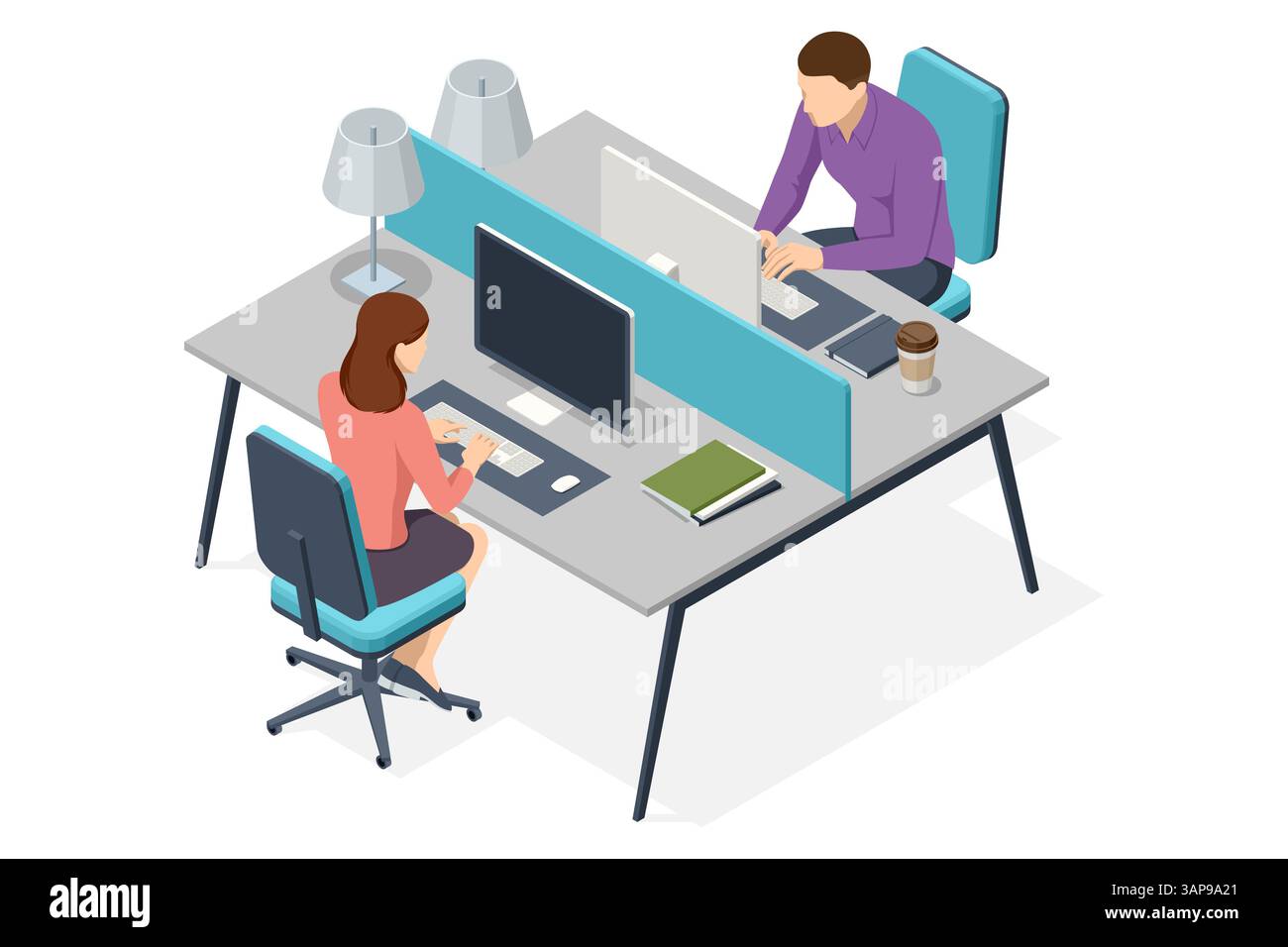 Vecteur isométrique de deux personnes travaillant sur un poste de travail double, séparées par un panneau dans un bureau de coworking moderne et calme. Planification des affaires, travail Illustration de Vecteur