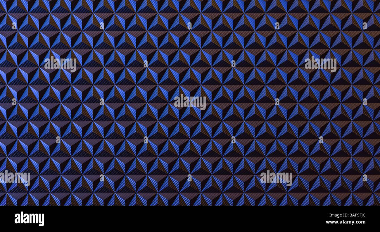 Motif géométrique bleu foncé et noir en fibre de carbone formant des triangles 3D. Banque D'Images