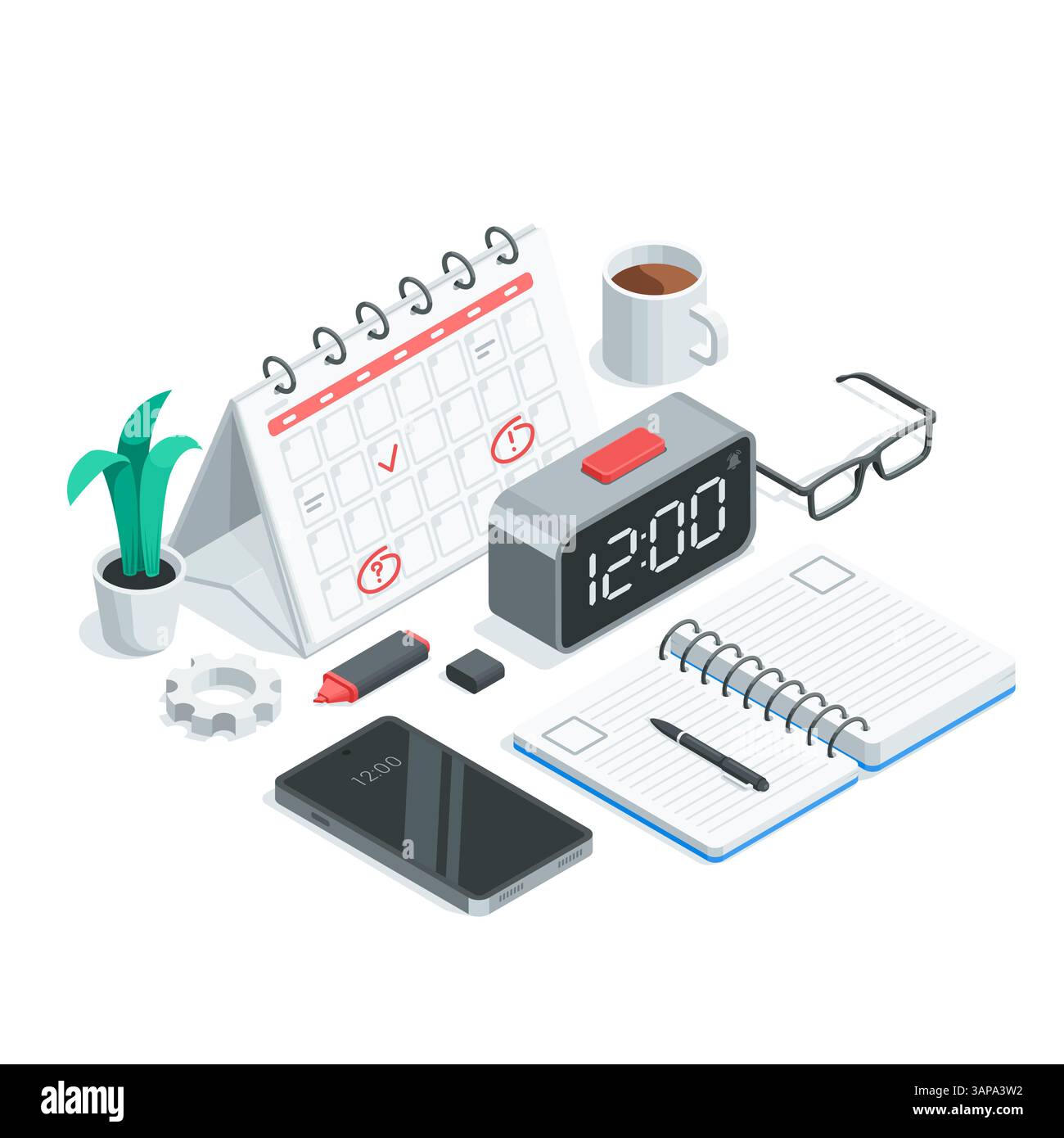 calendrier vectoriel isométrique et horloge électronique à côté d'un agenda et d'un smartphone, en couleur sur fond blanc, planification de la journée de travail ou horaire d'affaires Illustration de Vecteur