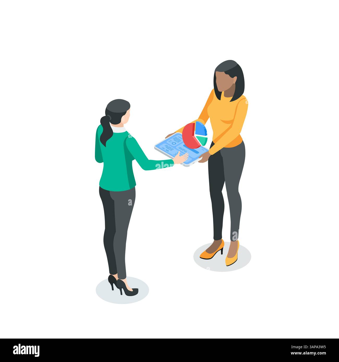 femme d'affaires vectorielle isométrique montrant des diagrammes sur l'écran de la tablette à la femme, en couleur sur un fond blanc, la communication d'affaires ou le travail avec sta Illustration de Vecteur femme d'affaires vectorielle isométrique montrant des diagrammes sur l'écran de la tablette à la femme, en couleur sur un fond blanc, la communication d'affaires ou le travail avec sta Illustration de Vecteur