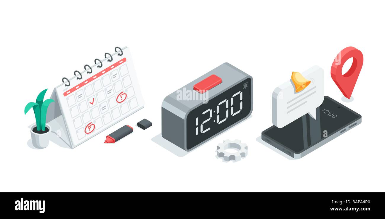 ensemble vectoriel isométrique de calendrier et d'horloge électronique à côté du smartphone, en couleur sur fond blanc, planification de la journée de travail ou organisation du temps Illustration de Vecteur