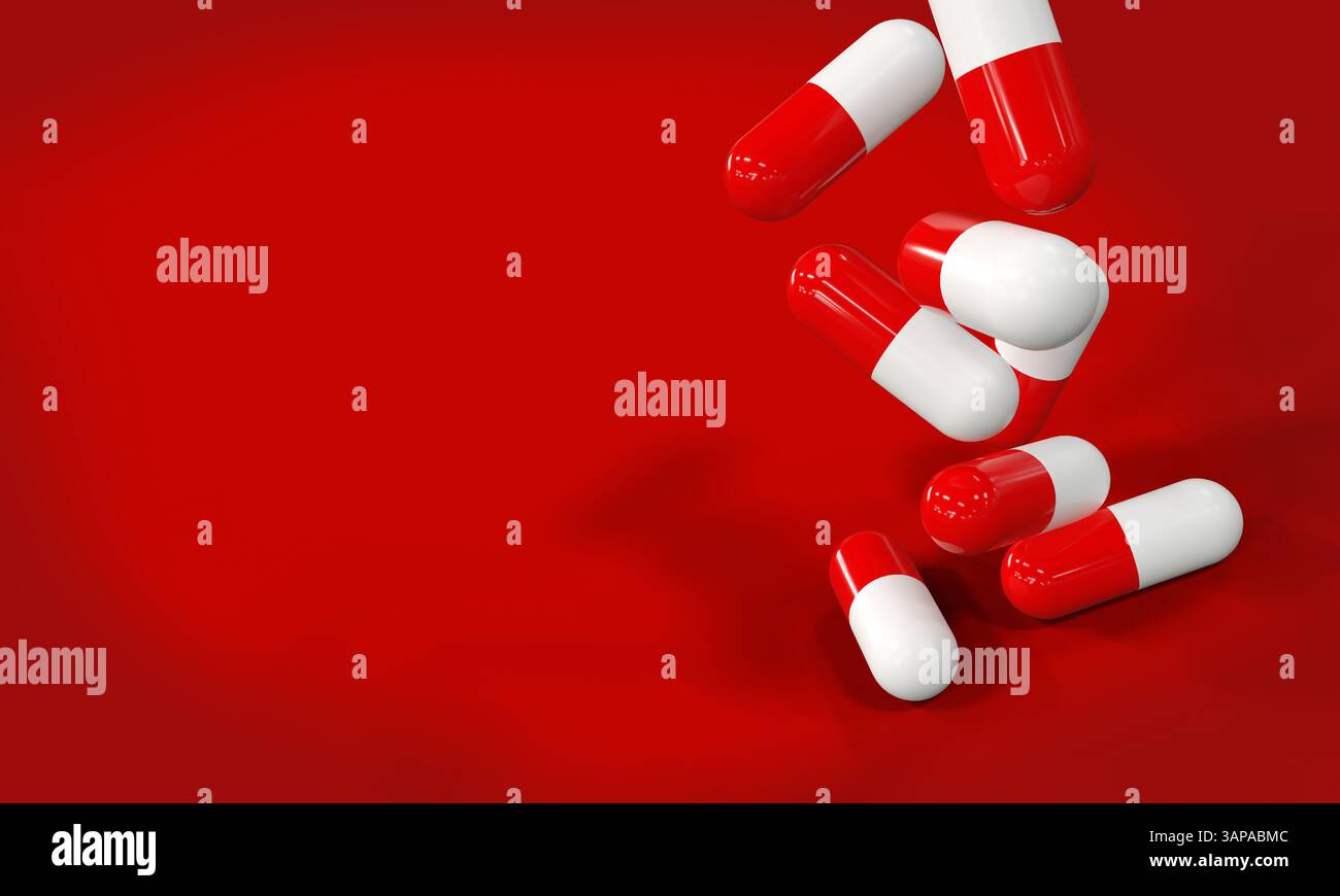 Capsules blanches et rouges sur fond rose - médecine - rendu 3D. Banque D'Images