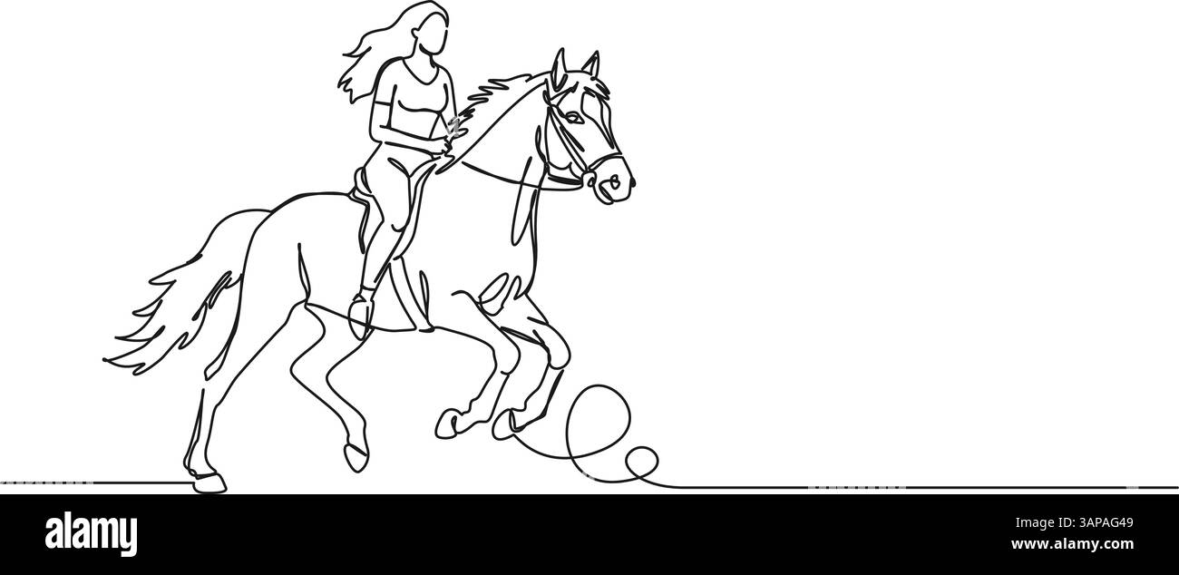 dessin continu d'une seule ligne de femme montant un cheval, illustration vectorielle d'art au trait Illustration de Vecteur