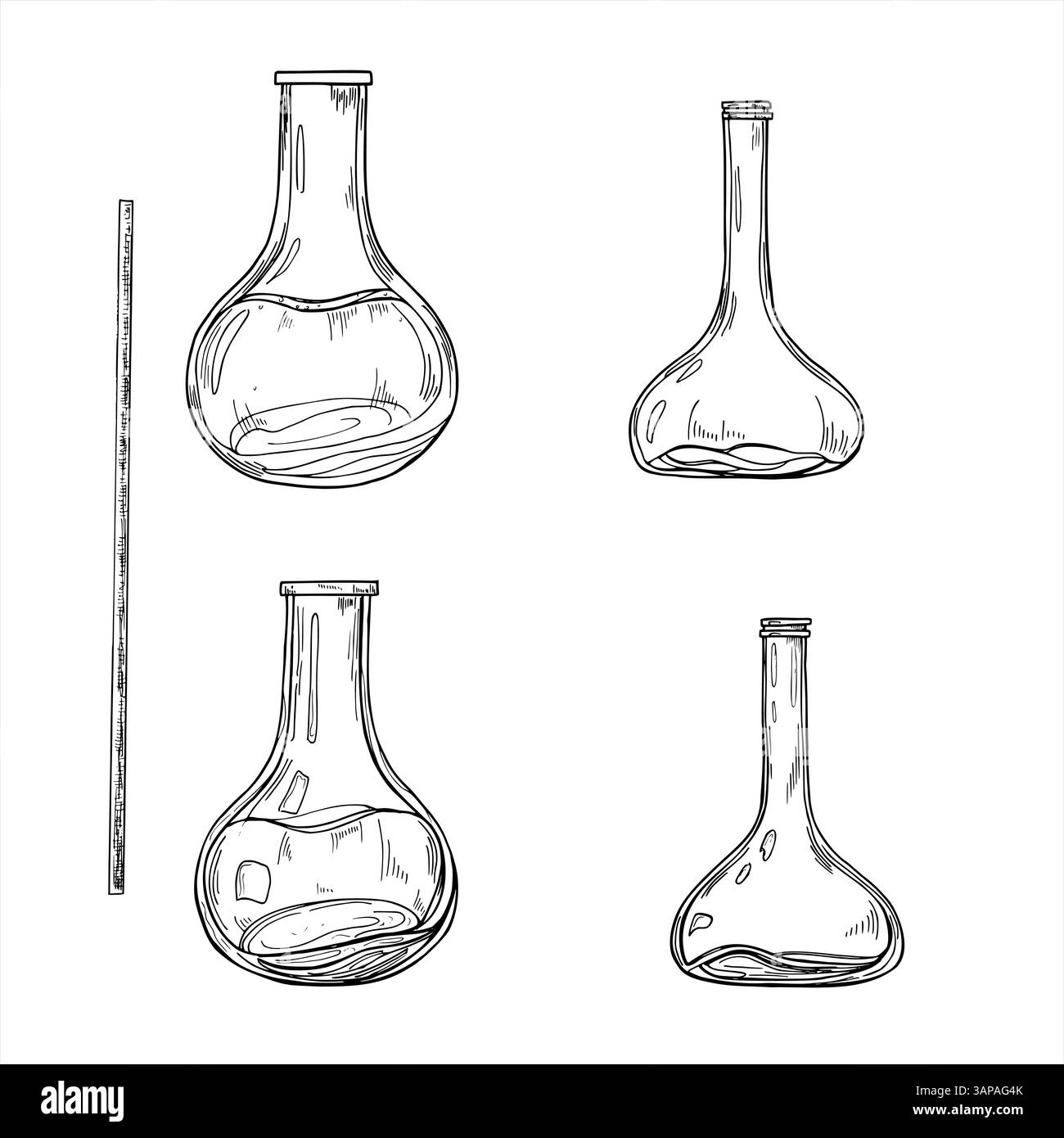 Bouteilles en verre ouvertes dessinées à la main monochromes de différentes formes, illustration graphique de croquis de bâton parfumé. Vide et avec de l'huile essentielle de parfum biologique Illustration de Vecteur